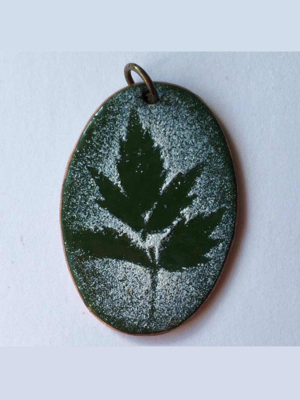 Vintage Enamel on Copper Pendant Textured Leaf Design